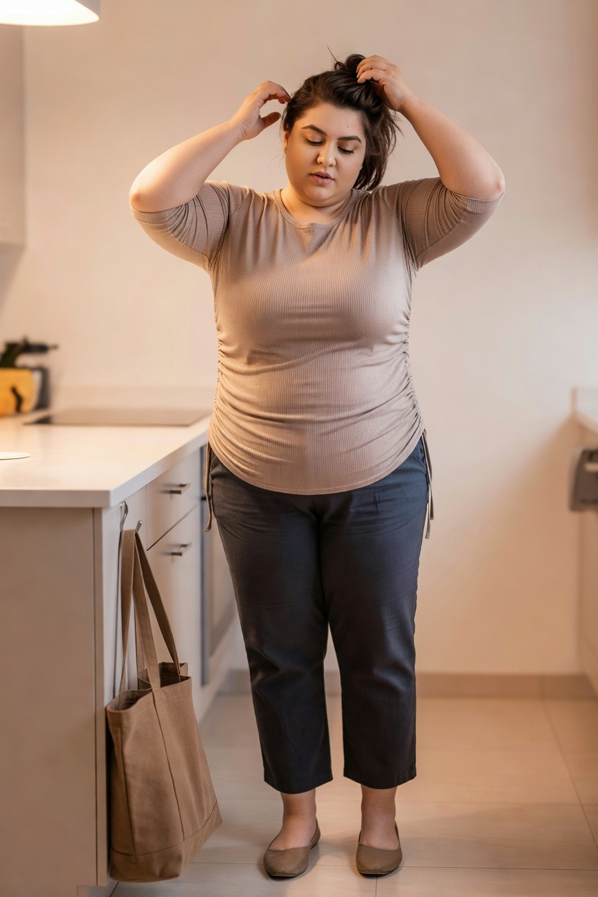 Plus size woman in a ribbed taupe ruched top paired with dark capri pants and matching flats holding a large beige tote in a bright kitchen setting