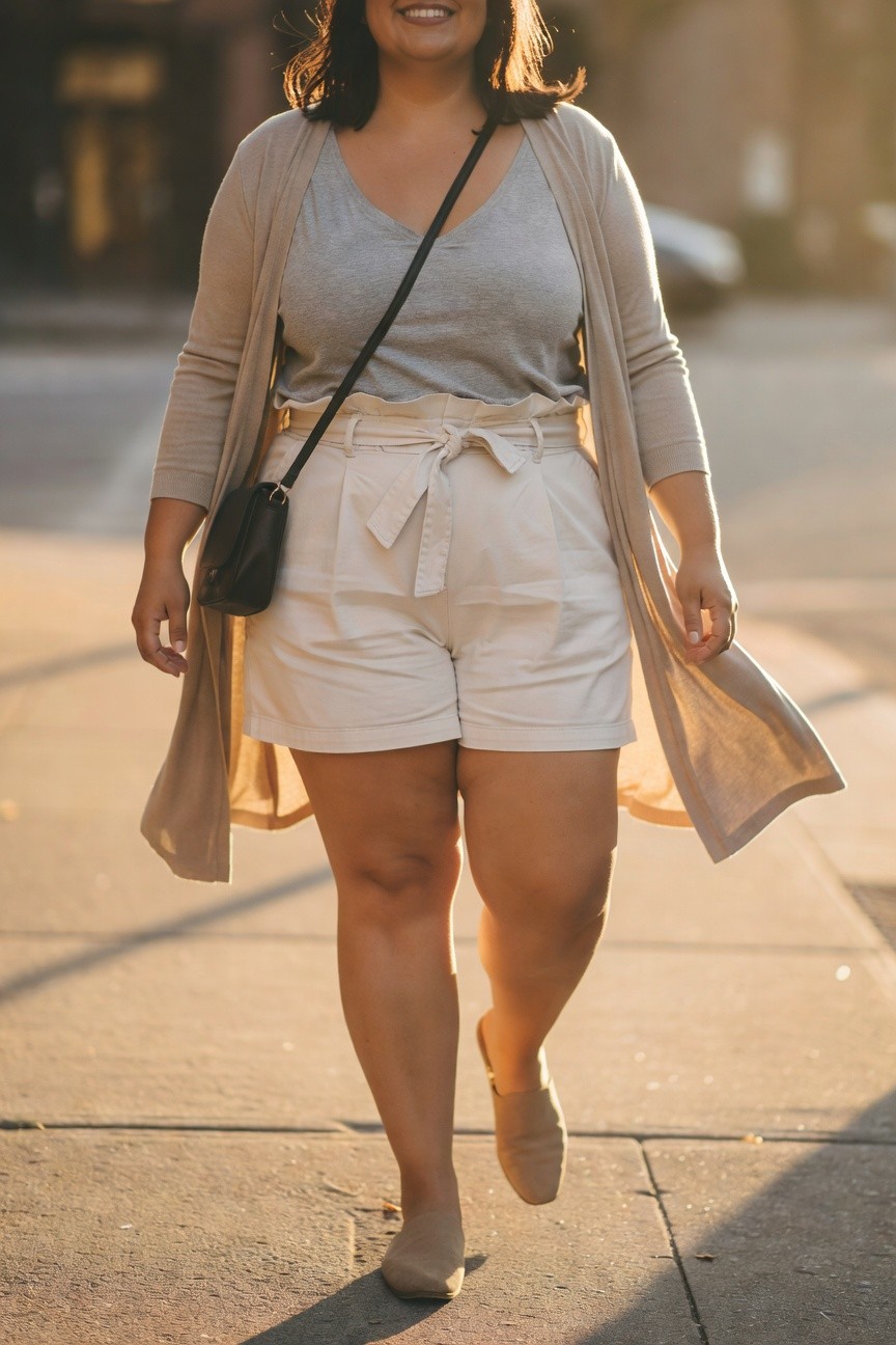 Woman in beige cardigan and white shorts walking on sidewalk.