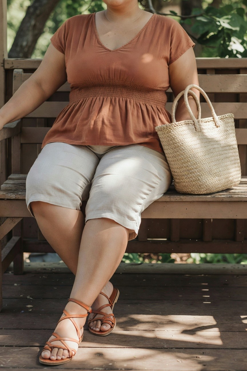 Woman in rust top and white shorts with woven bag on bench.