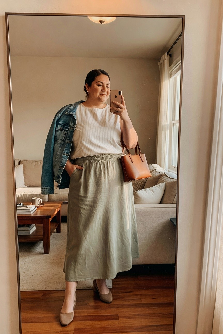 Woman in sage green skirt and white top taking mirror selfie with denim jacket.