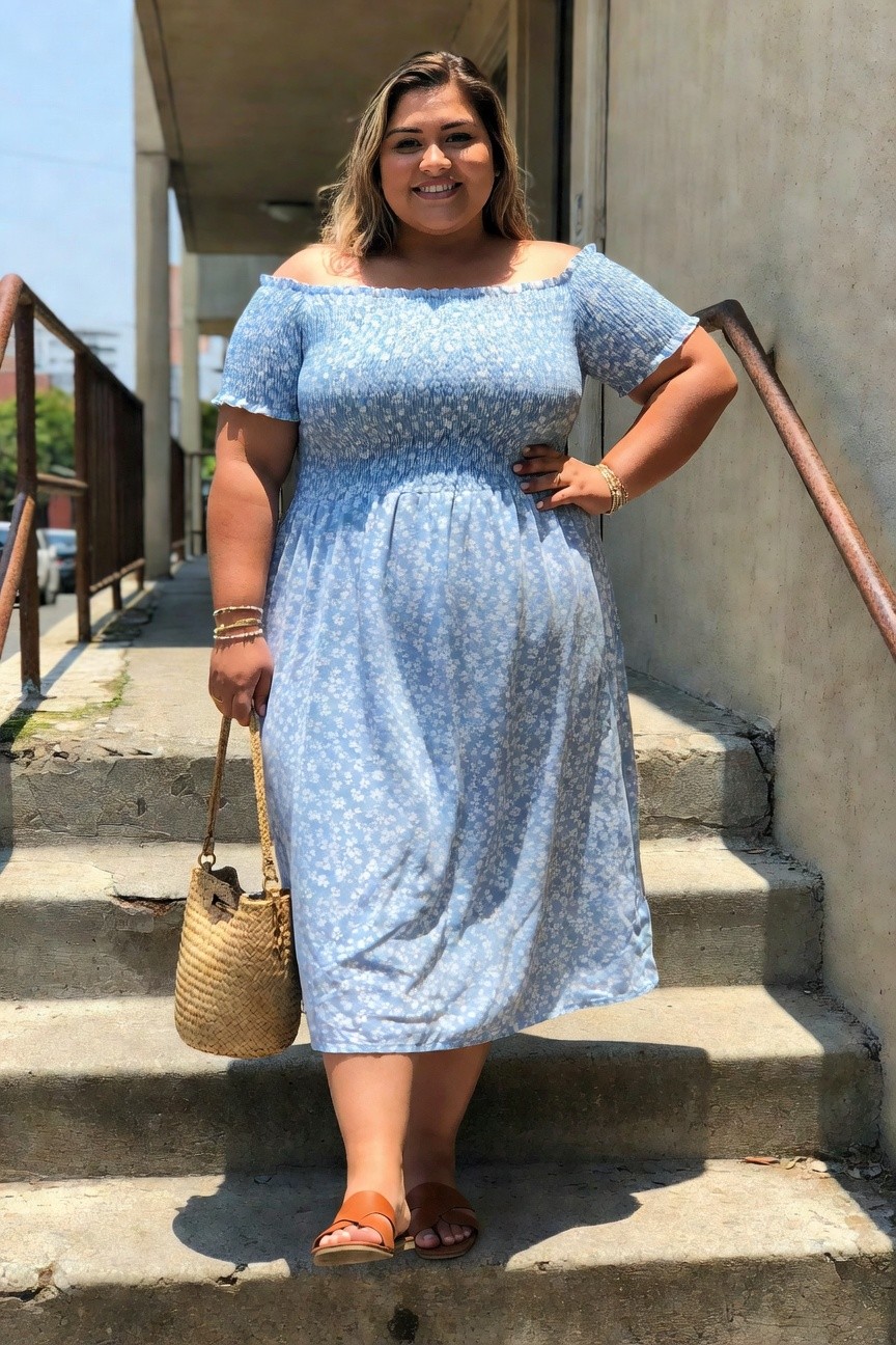 Smiling woman in light blue floral off-shoulder dress holds woven bag on steps.