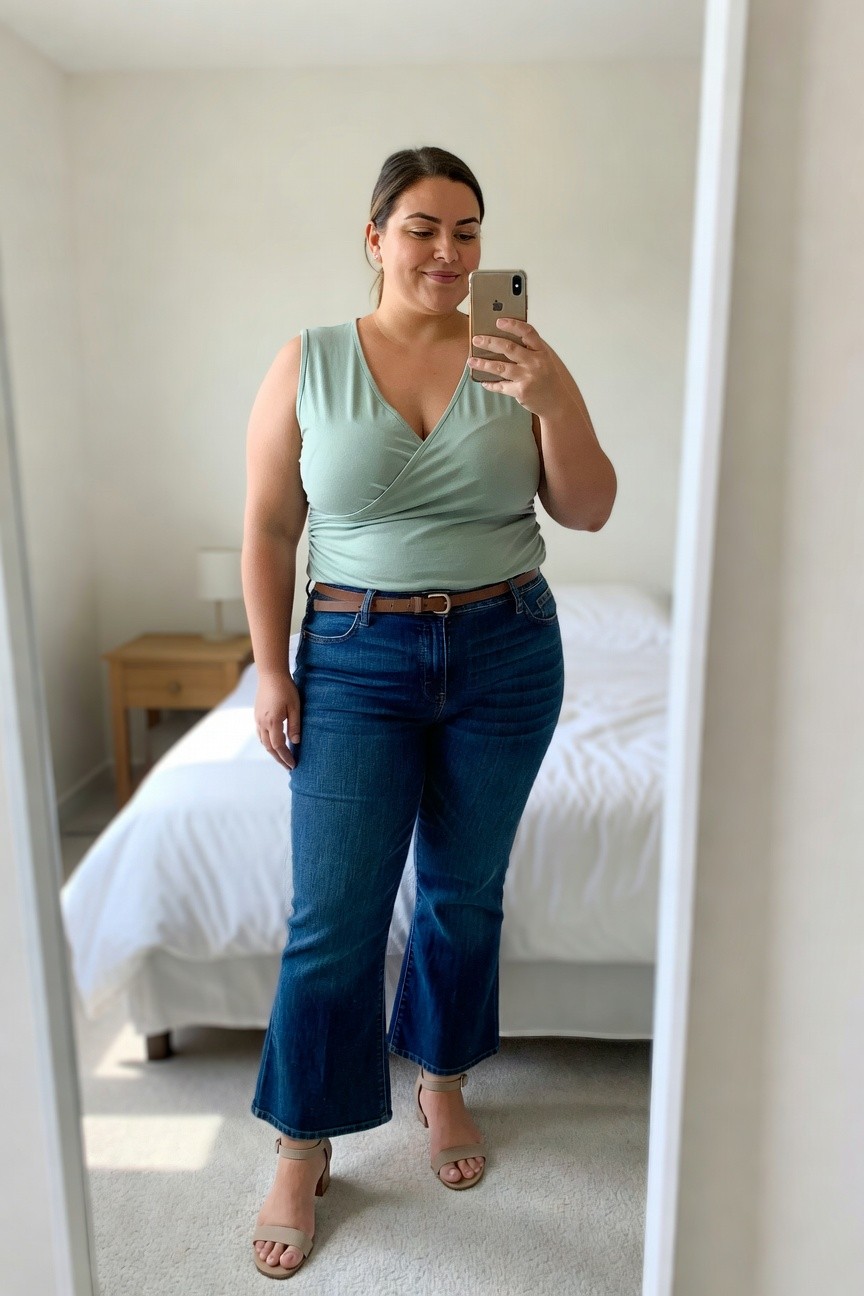 Woman in light green top and blue jeans taking a mirror selfie.