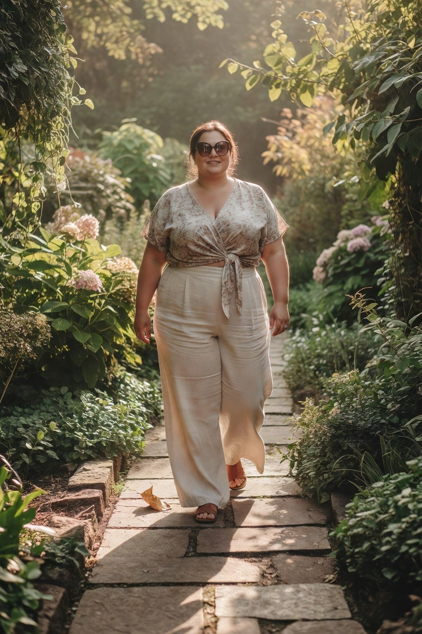 A plus-size woman in beige wide-leg pants and floral top walks on a garden path.