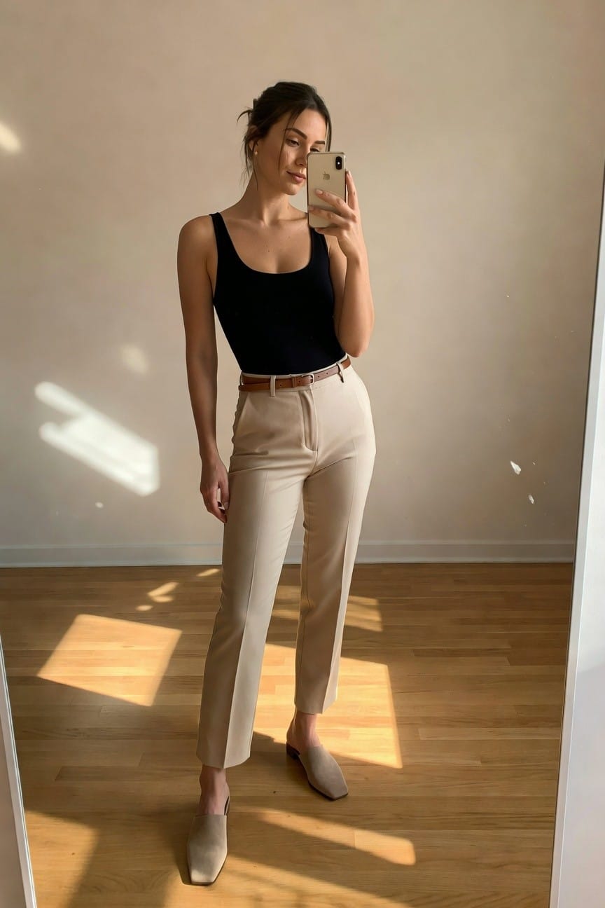 Woman taking mirror selfie in black square neck tank top paired with beige straight leg trousers, brown leather belt, and beige pointed toe mules.