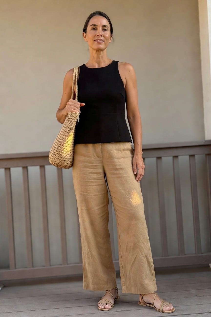 Black Tank Top With Wide Beige Trousers