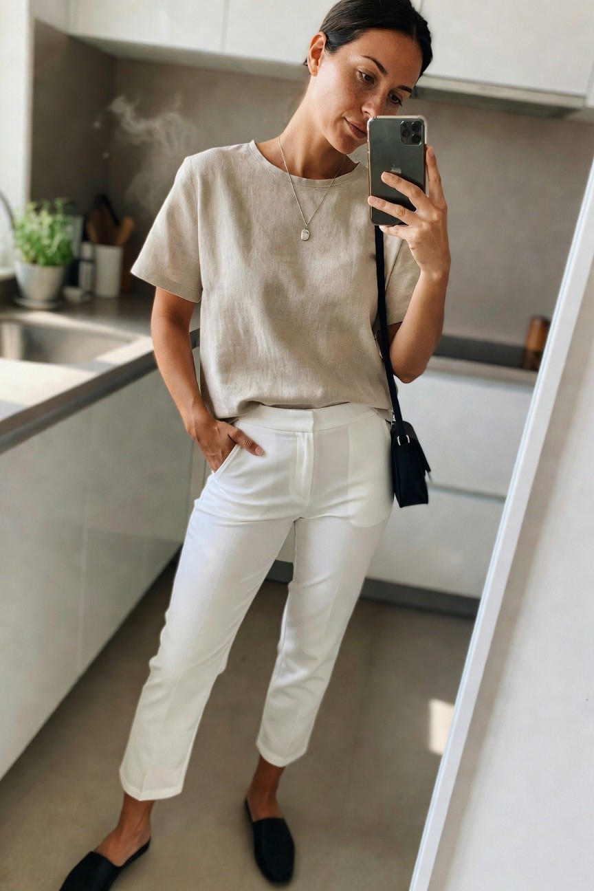 Woman wearing a loose beige linen short-sleeve top tucked into cropped white trousers with black mules and a small black crossbody bag while holding a phone for a mirror selfie.