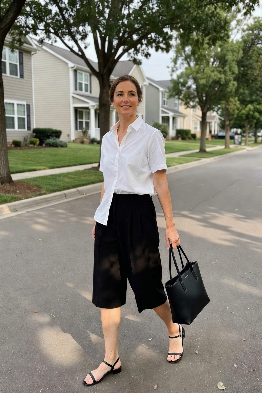 White Shirt With Black Culottes