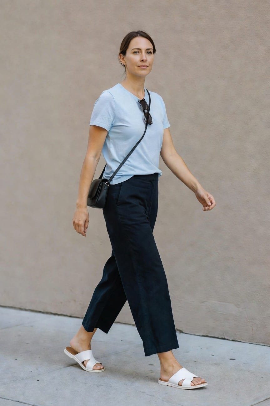 Light Blue Tee With Navy Cropped Pants