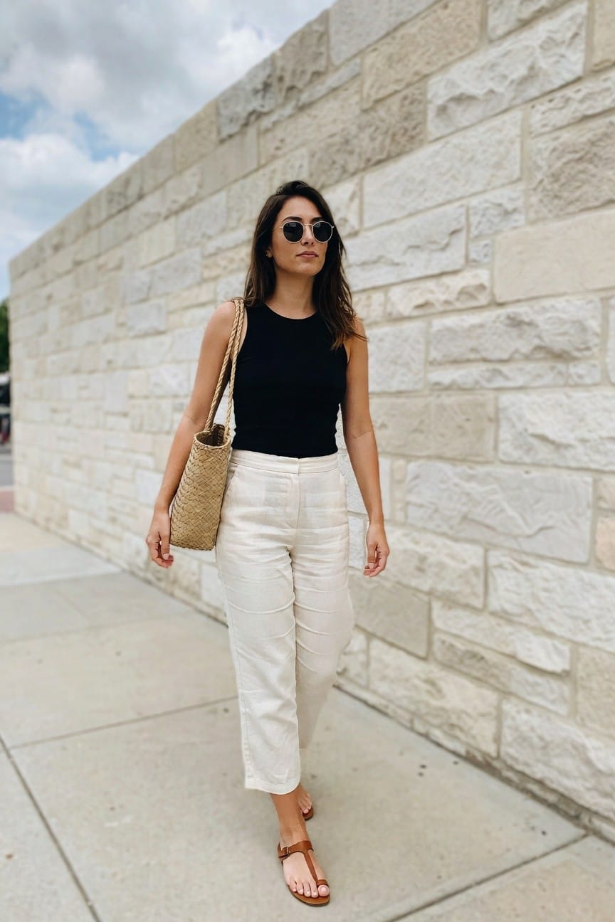 Woman in a black sleeveless tank top tucked into white wide-leg cropped pants with brown thong sandals and a woven straw tote bag slung over one shoulder.