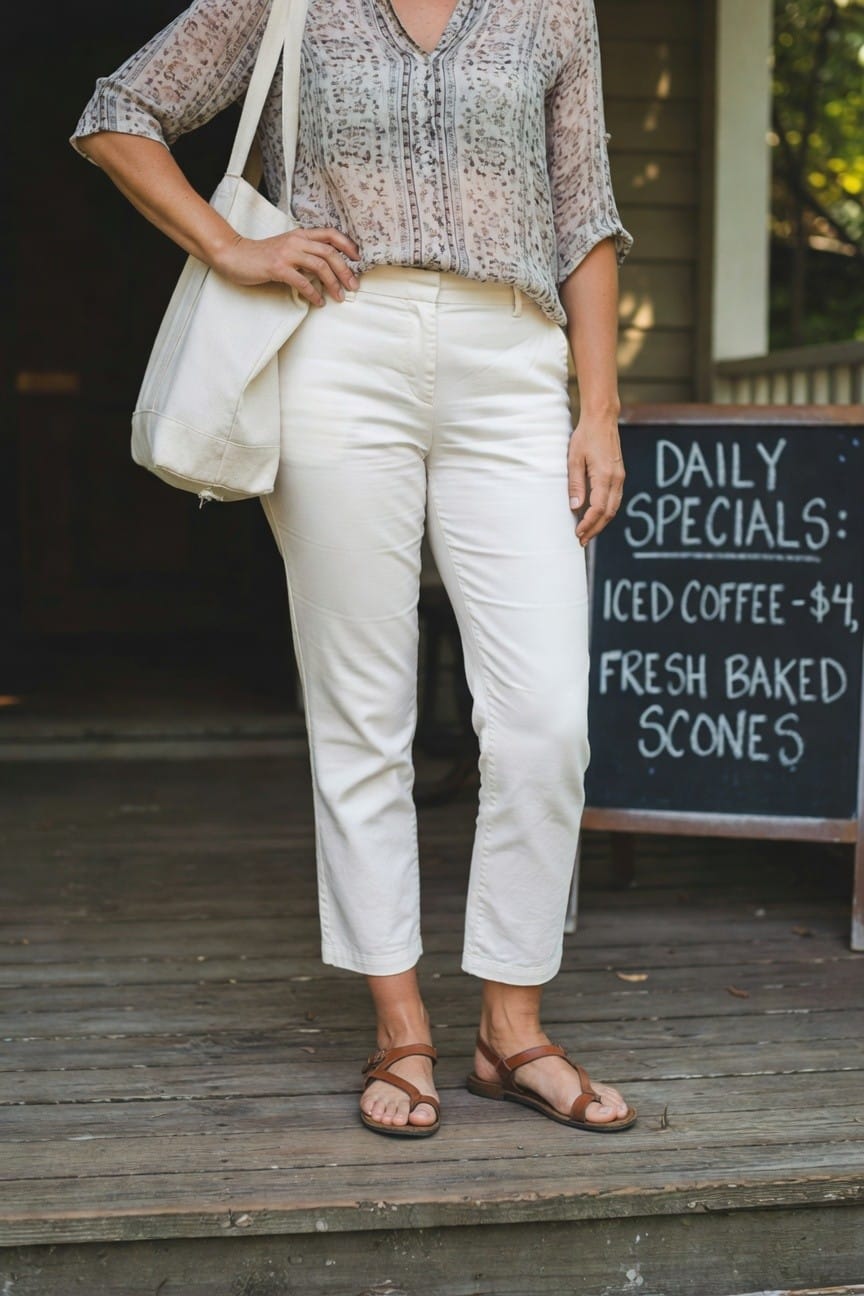 Cropped White Pants And A Patterned Blouse