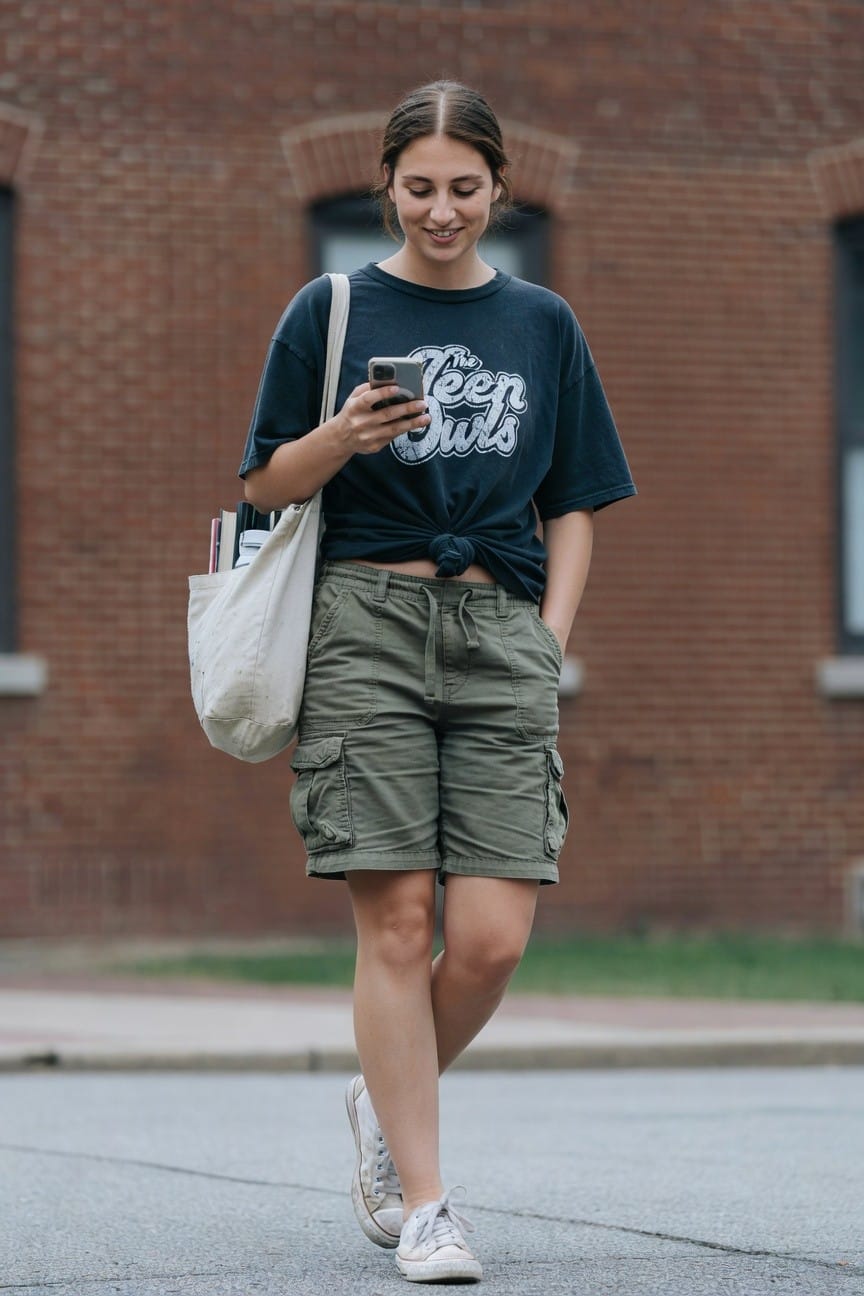 Graphic Tee Knotted Over Cargo Shorts