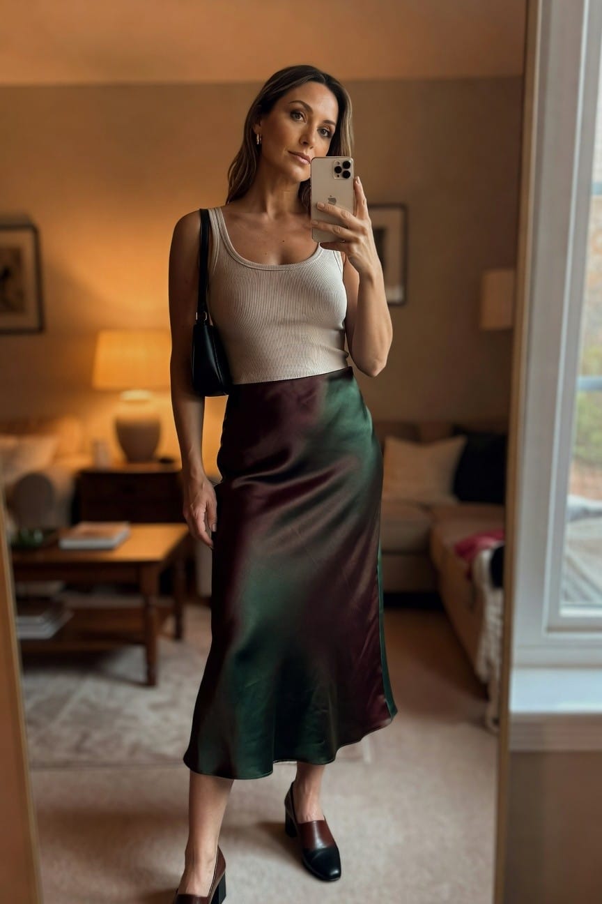Ribbed Tank Top And Gradient Satin Skirt
