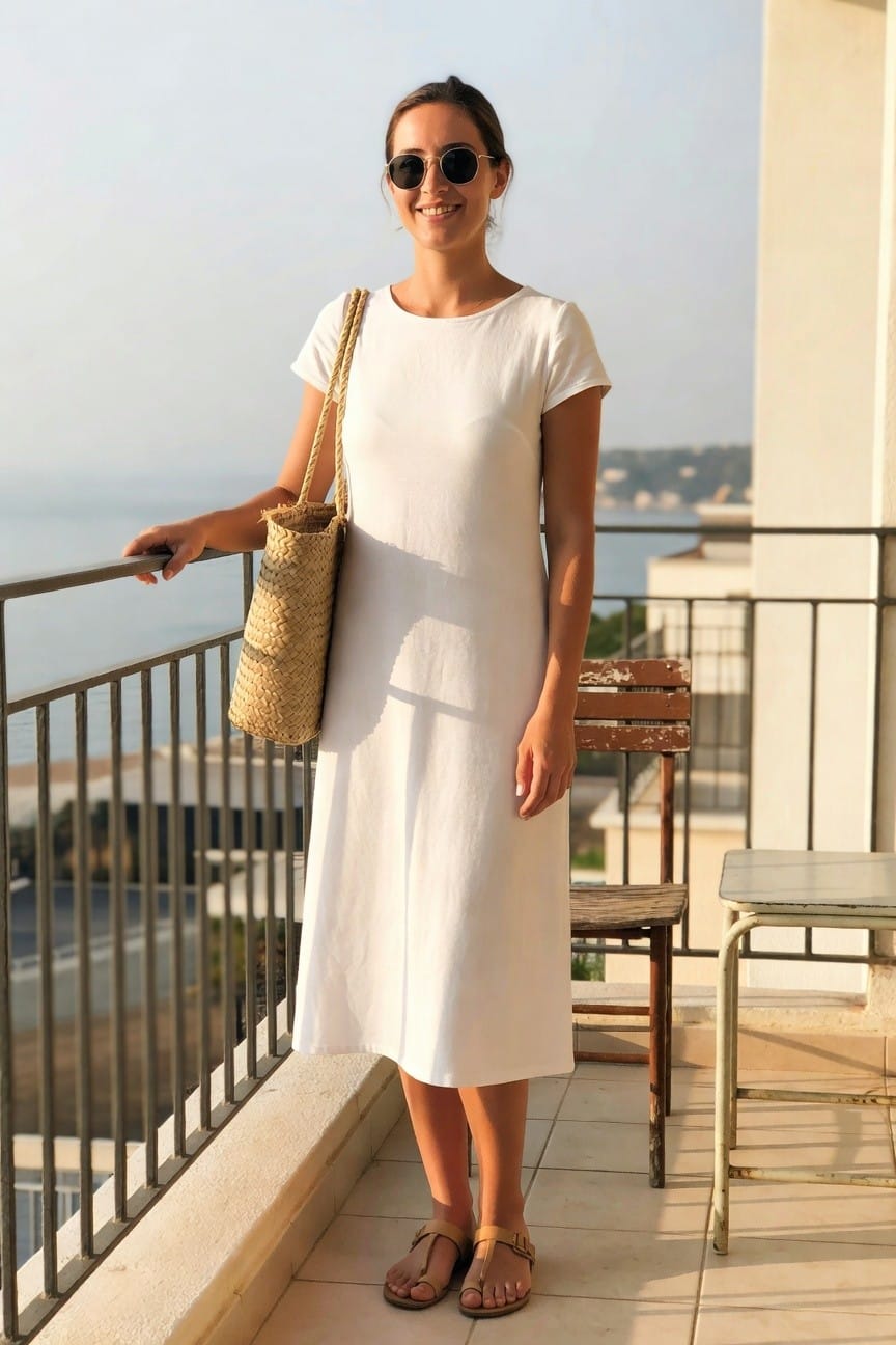 White Midi Dress With Simple Sandals