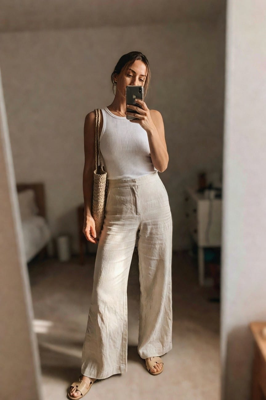 White Tank Top With Wide Pants
