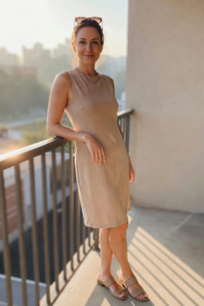 Woman in beige dress and sandals leaning on balcony railing at sunset.