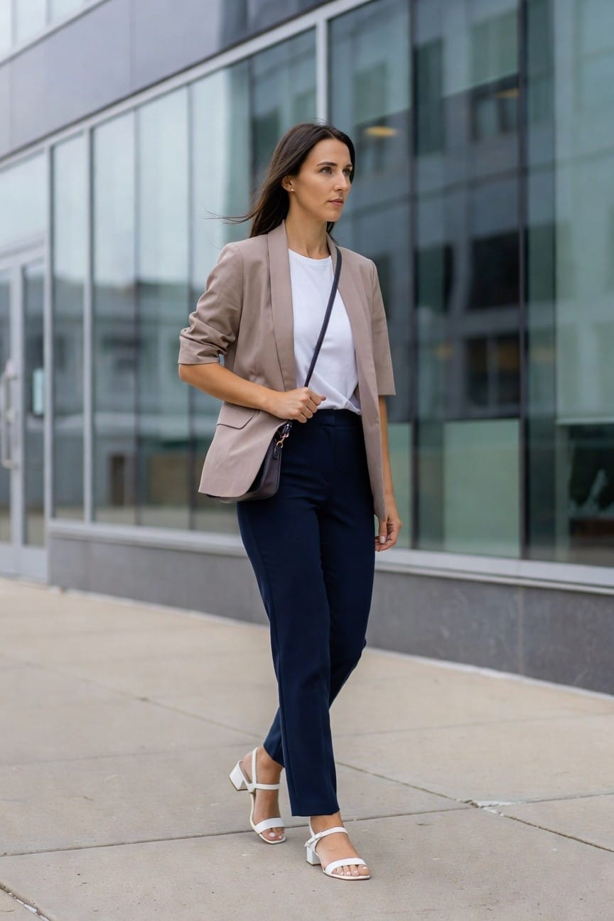 Woman in beige blazer and navy pants walking past glass building.