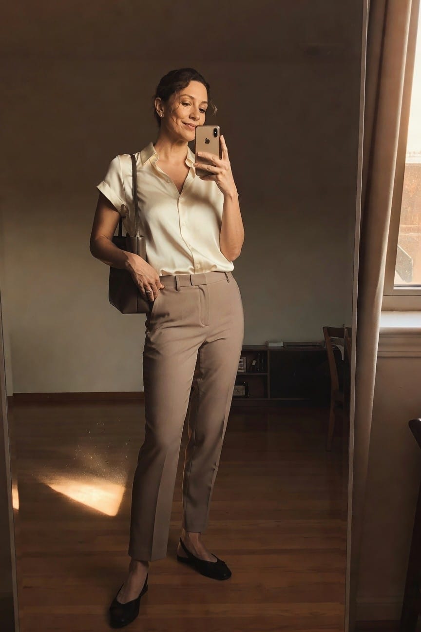 Woman in cream blouse and beige trousers taking a mirror selfie.