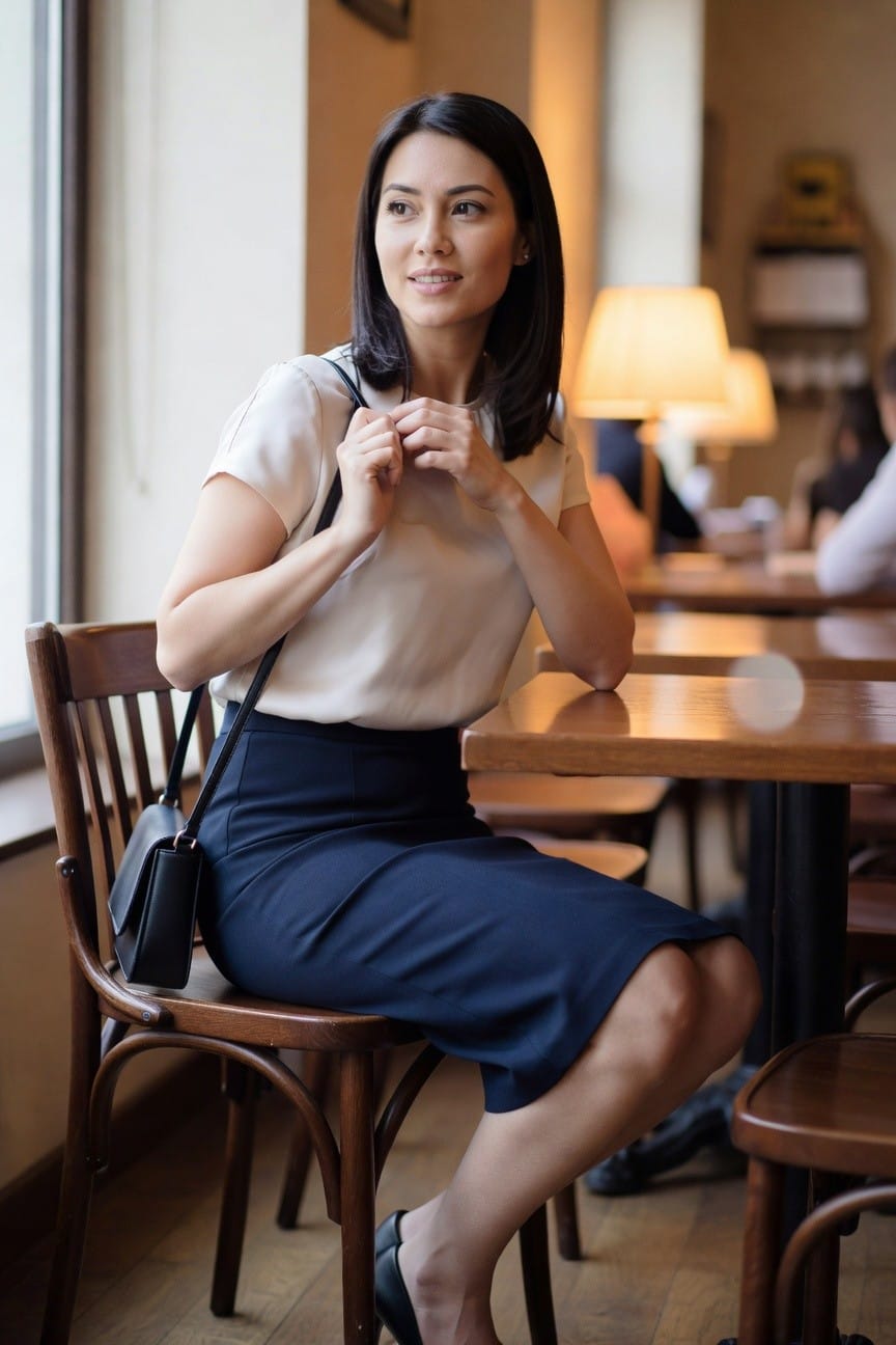 Woman in cream blouse and navy skirt sitting at wooden cafe table.