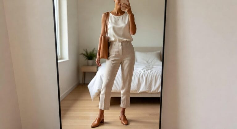 A woman stands in front of a mirror, wearing a light beige sleeveless top and tailored cream trousers, paired with brown heels, in a bright, minimalist room.