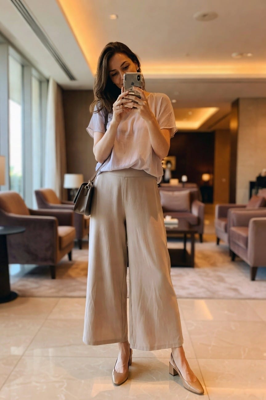Woman in beige outfit taking mirror selfie in modern hotel lobby.