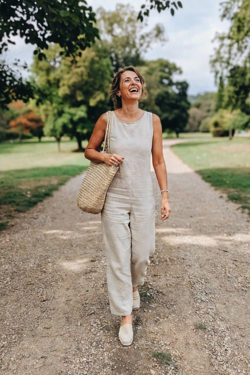 Smiling woman in beige linen jumpsuit carrying woven bag on park path.