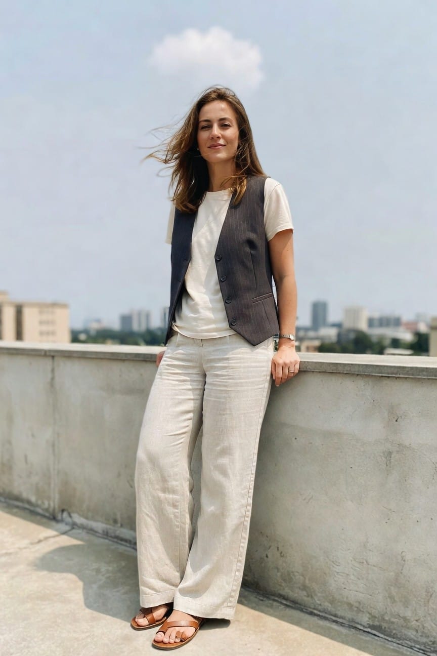 Woman in beige vest and wide pants leaning on concrete rooftop ledge.