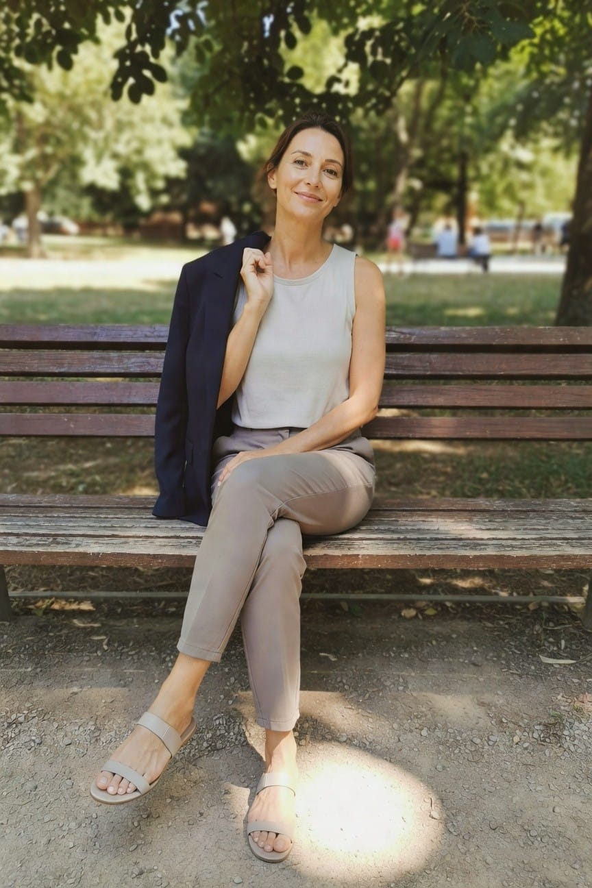 Woman in beige outfit and navy blazer sits smiling on wooden park bench.