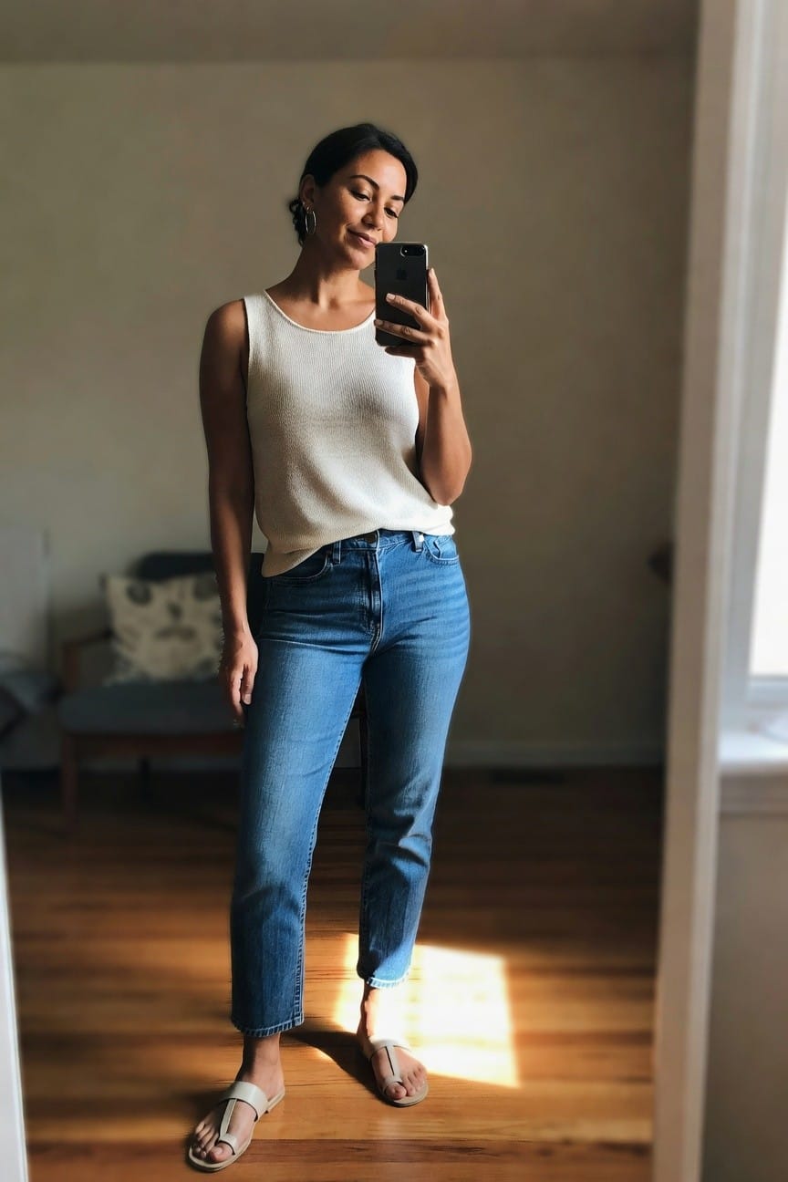 Woman in cream tank top and jeans taking a mirror selfie.