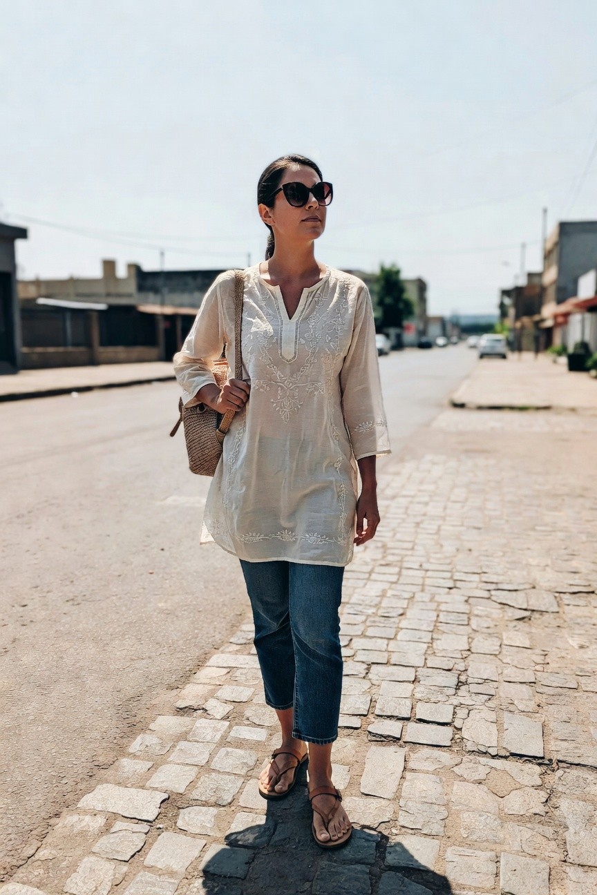 Embroidered Tunic With Cropped Jeans
