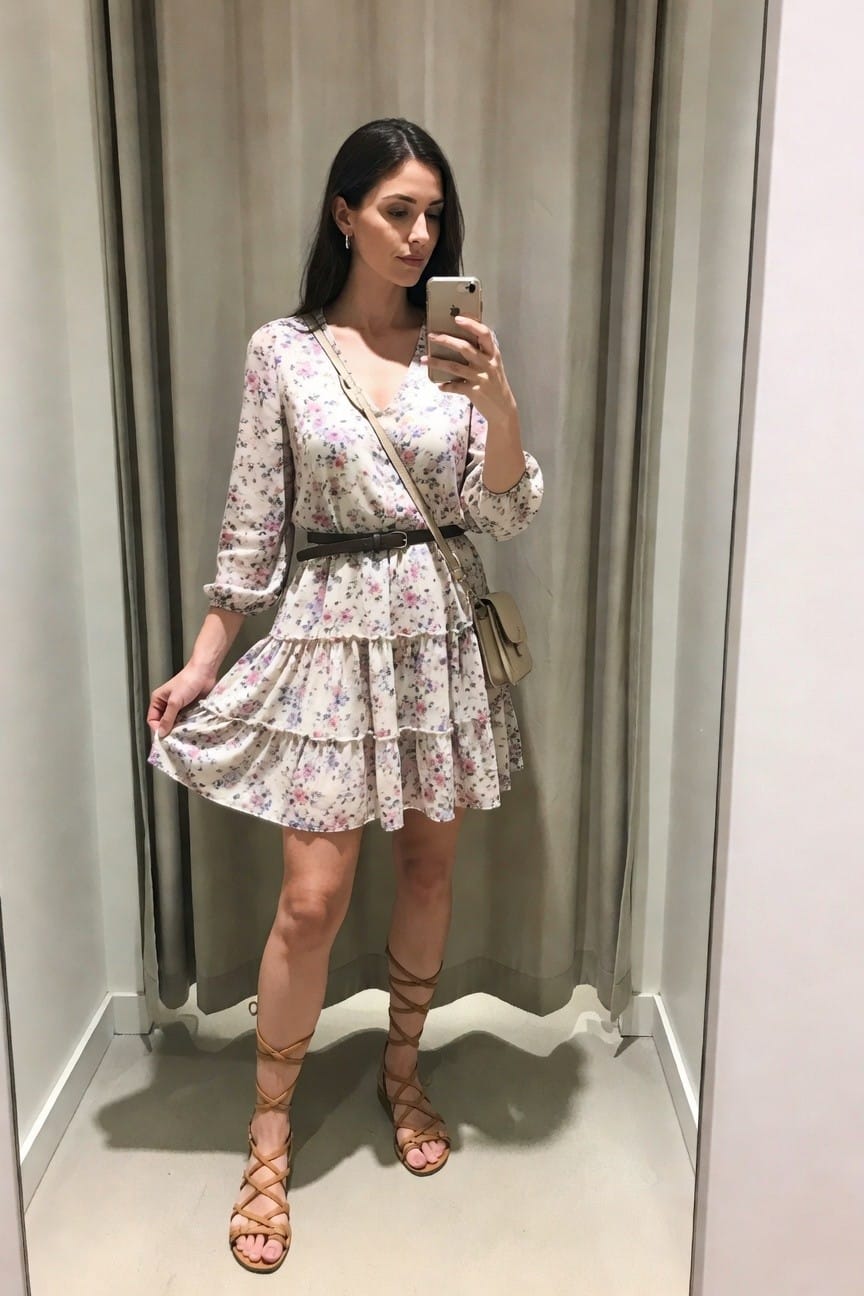 Tiered Floral Dress With Lace Up Sandals