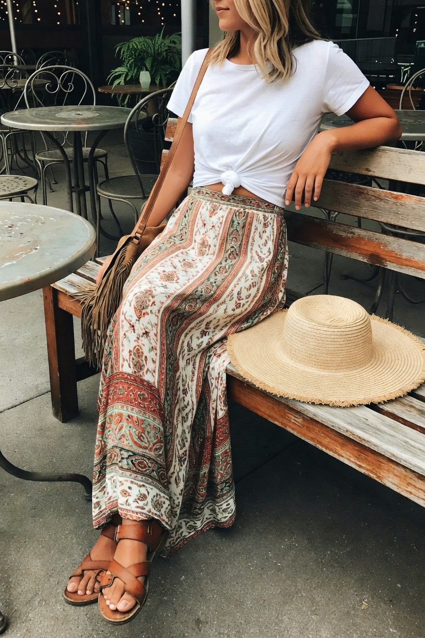 White Tee With Printed Maxi Skirt