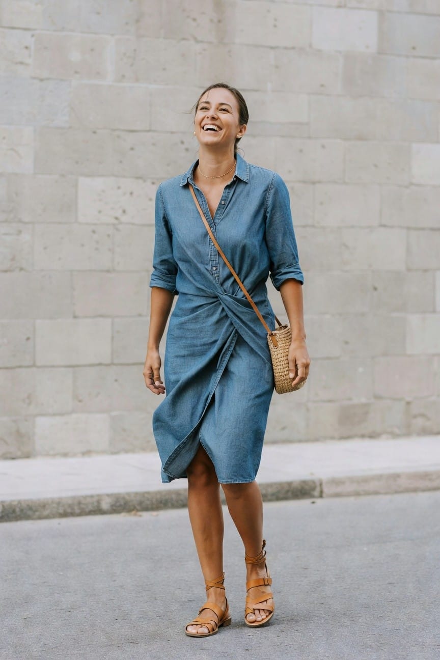 Denim Shirt Dress With A Twist At The Waist