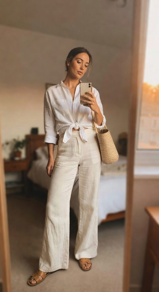 Woman in white linen button up shirt tied at the waist and matching wide leg linen pants with brown leather sandals and a woven straw bag taking a mirror selfie.