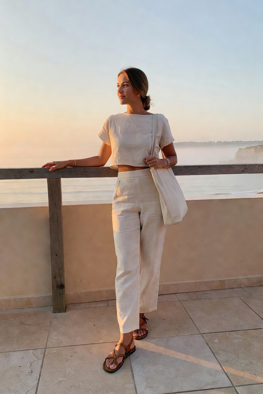 Linen Crop Top With Wide Leg Pants