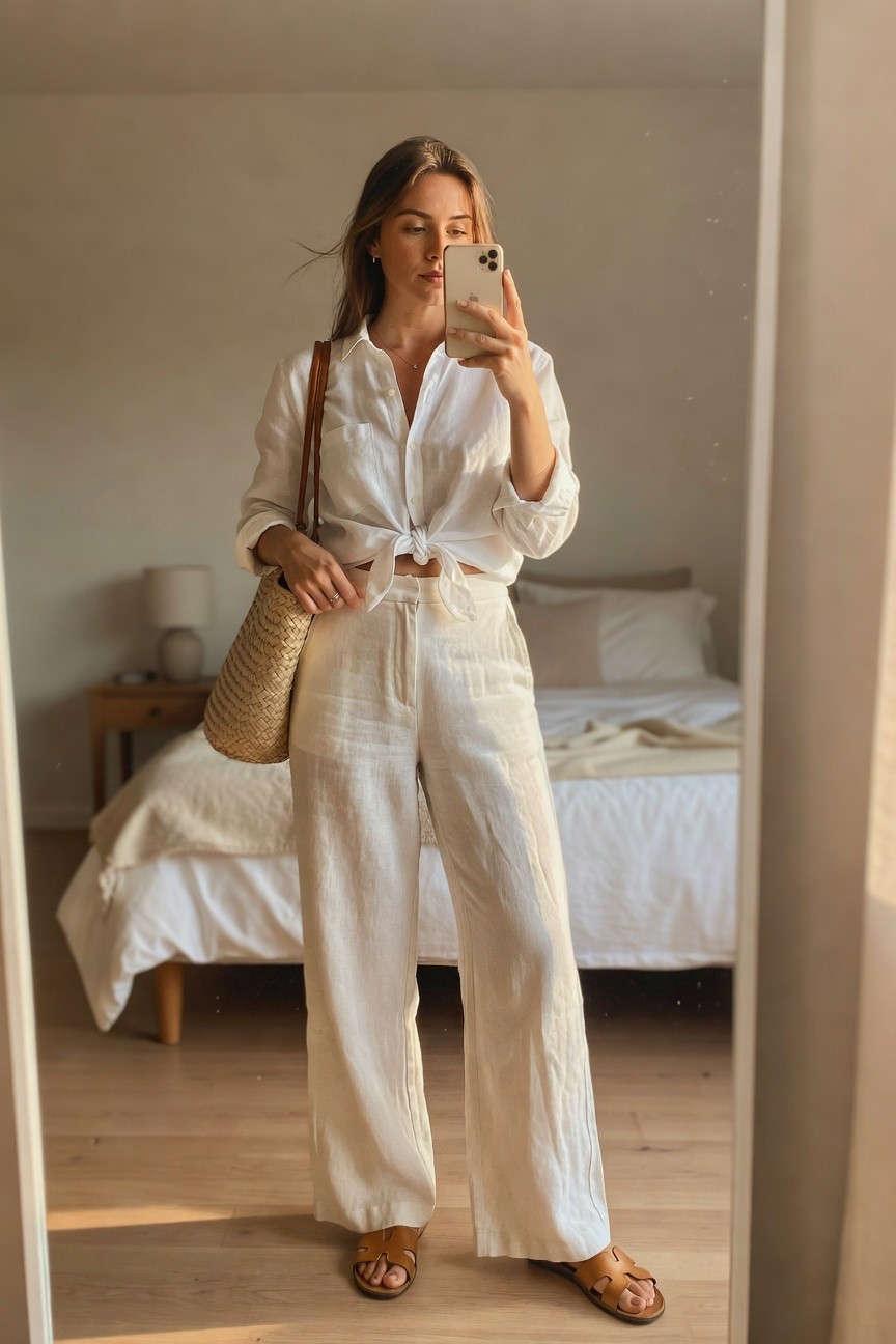 Woman in white linen button up shirt tied at the waist and matching wide leg linen pants with brown leather sandals and a woven straw bag taking a mirror selfie.