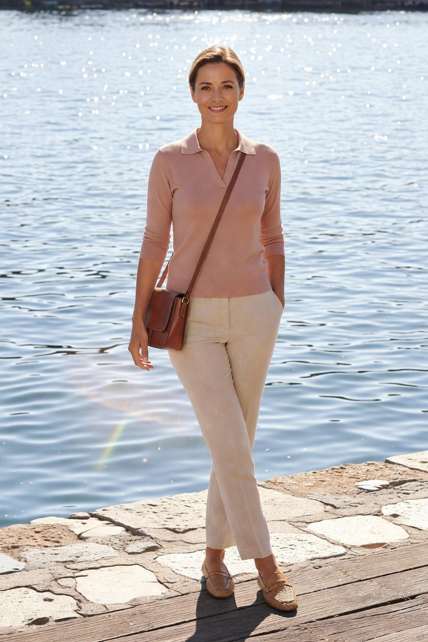 Pink Polo Sweater And Beige Trousers