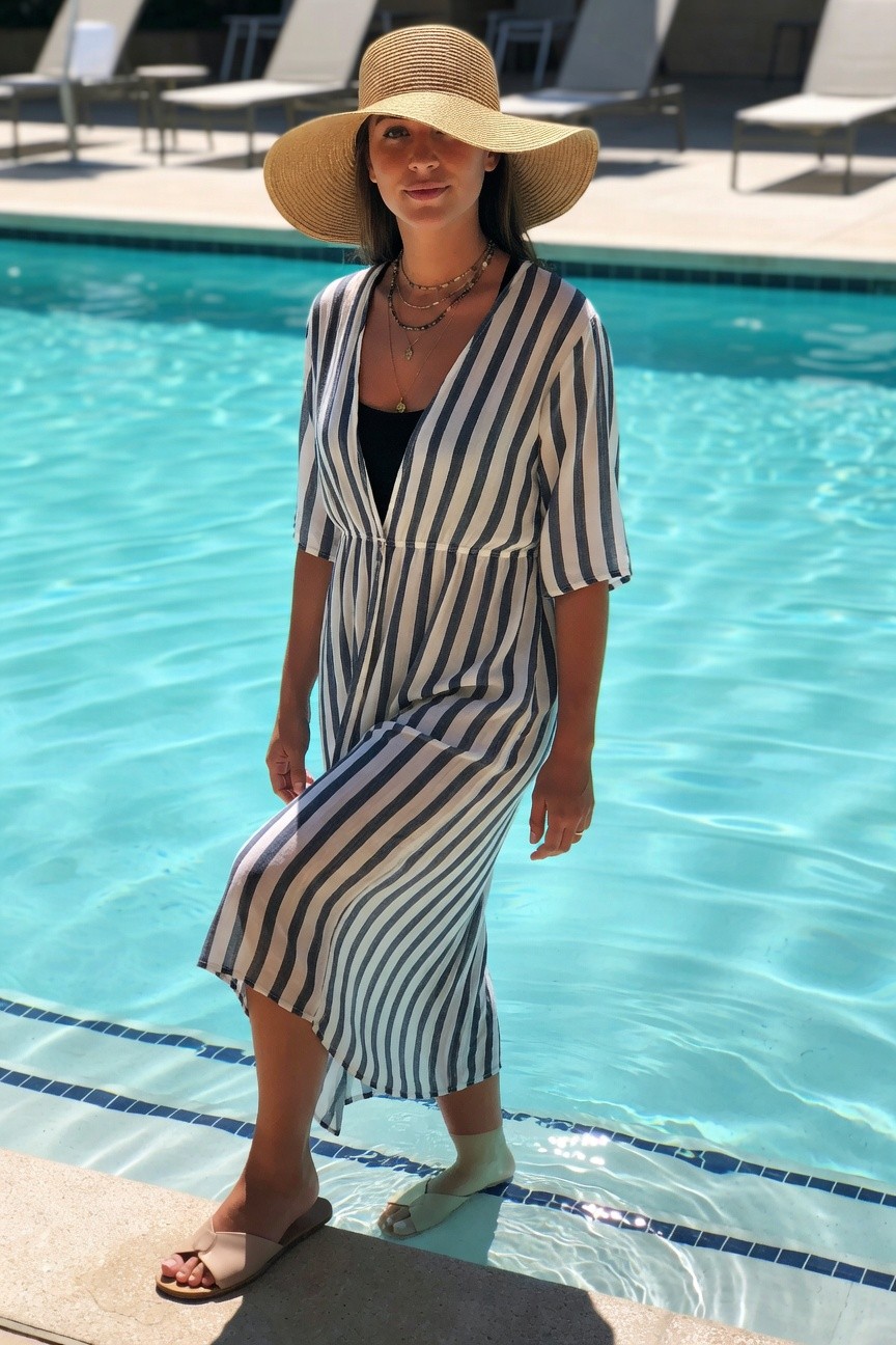 Striped Midi Dress With Wide Brim Hat
