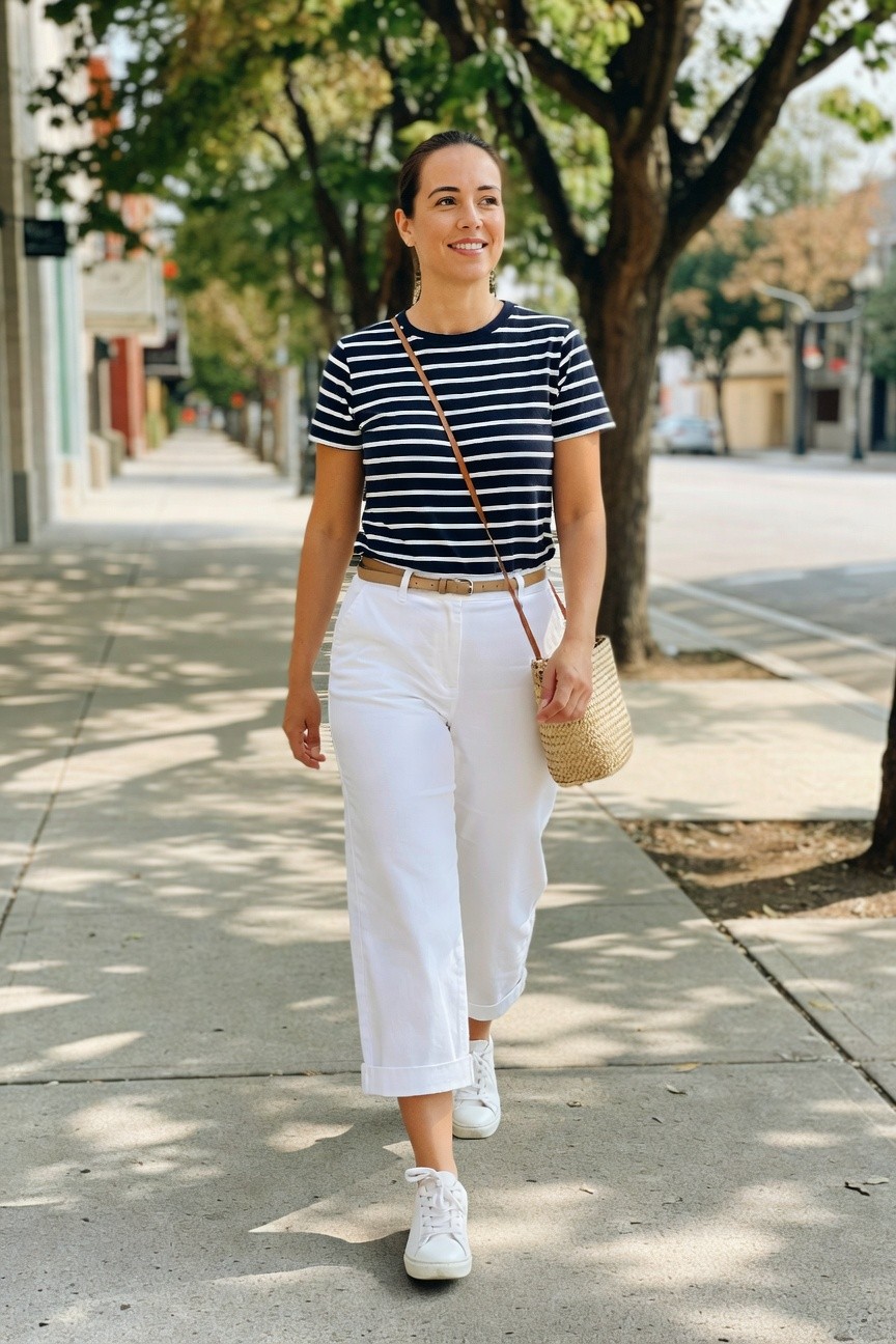 Striped Shirt And White Cropped Pants
