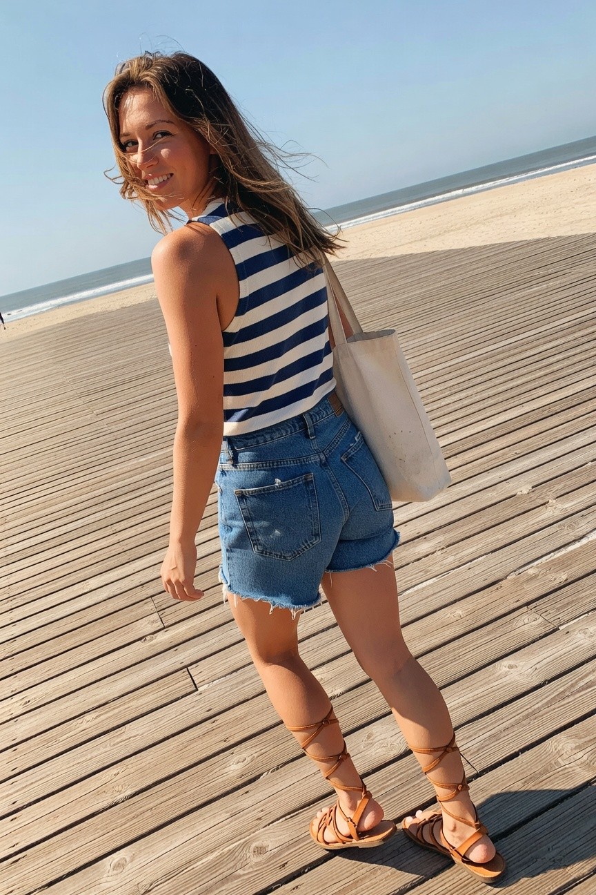 Striped Tank Top And Frayed Denim Shorts