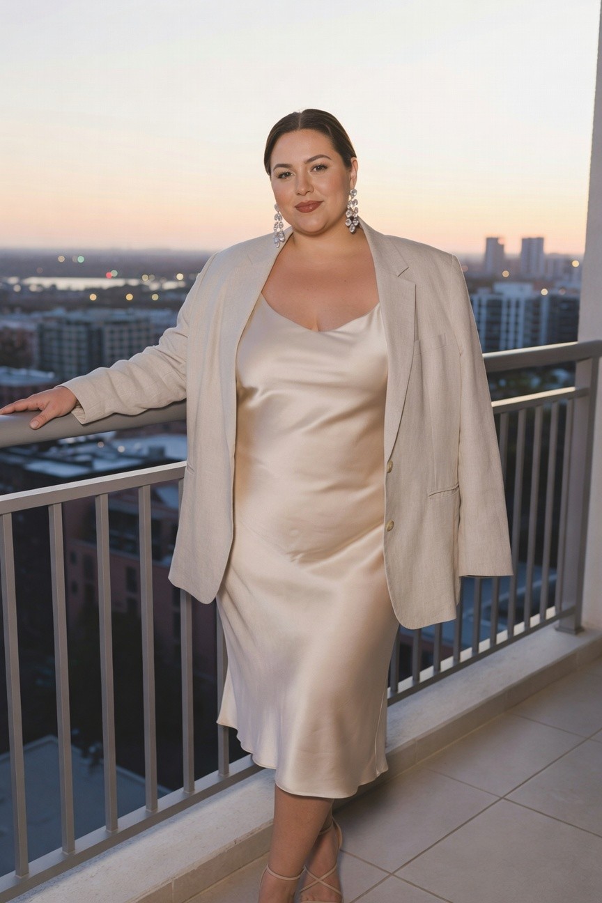 Woman in cream blazer and satin slip dress on balcony at dusk.