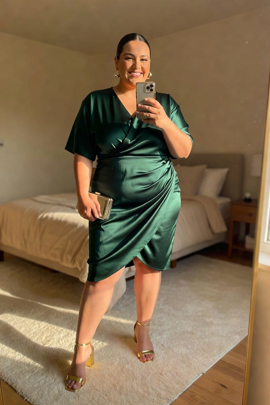 Woman in green satin dress taking a mirror selfie in bedroom.