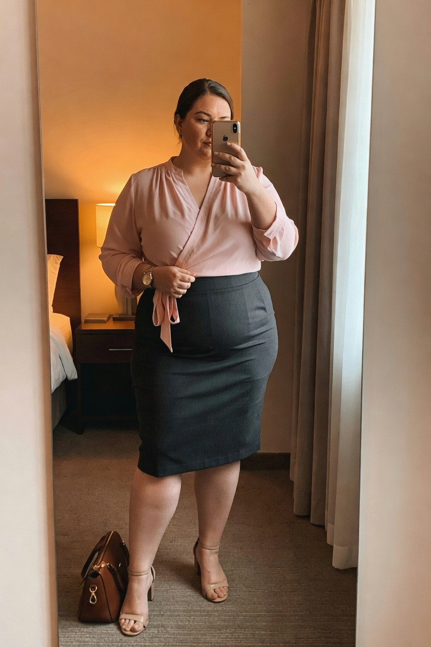 Woman in pink wrap blouse and gray pencil skirt taking mirror selfie.