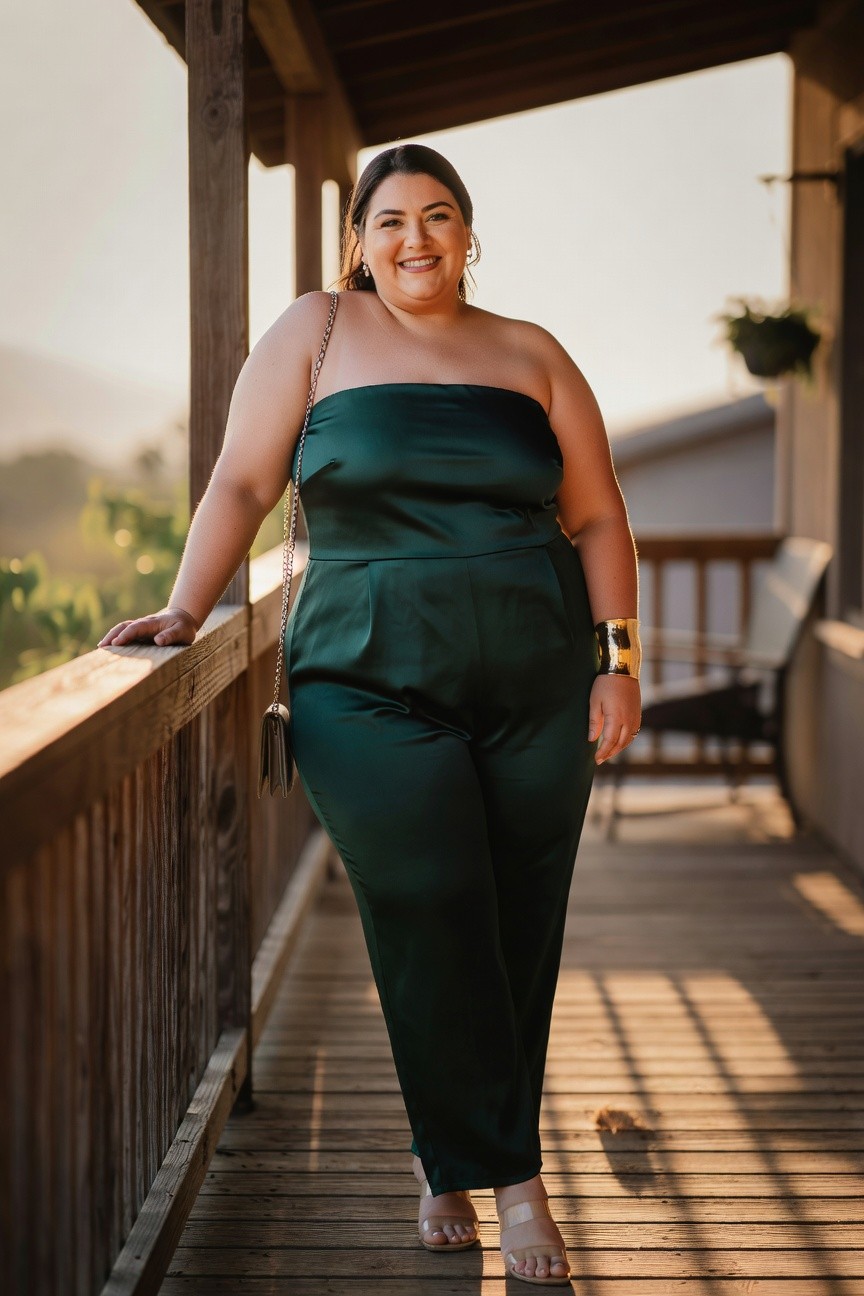 Smiling woman in emerald green satin jumpsuit on wooden porch at sunset.