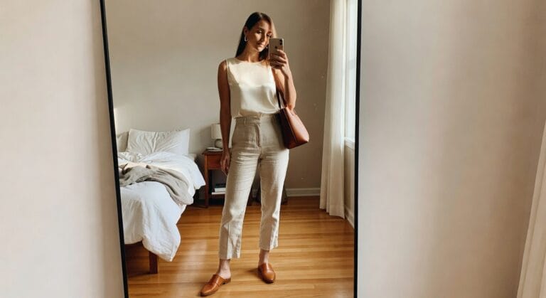 22 Minimalist Summer Work Outfits for a Clean Modern Aesthetic A person stands in front of a mirror, wearing a cream tank top and light beige high-waisted trousers, paired with brown loafers and a matching handbag.