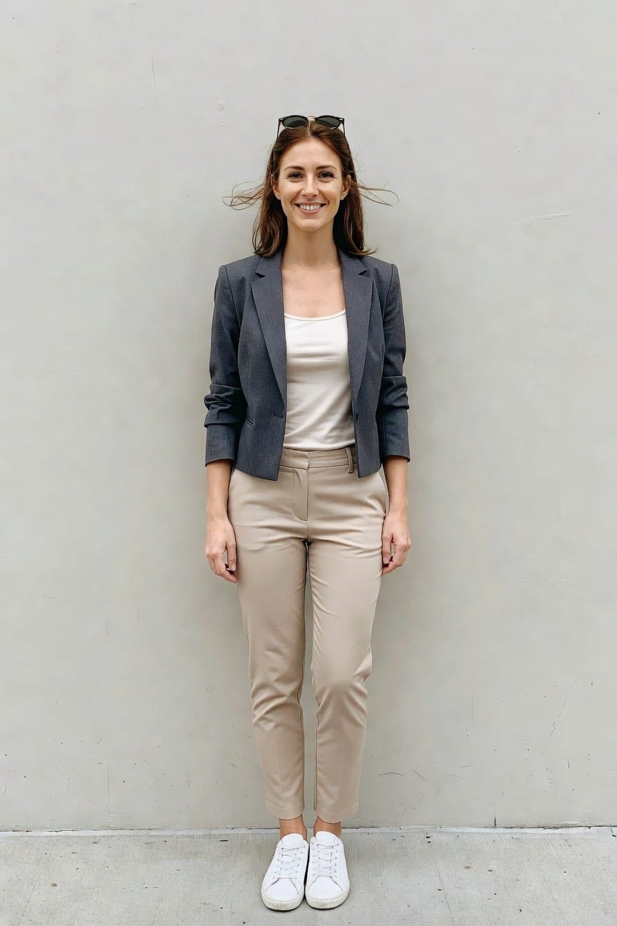 Smiling woman in gray blazer, beige pants, and white sneakers.