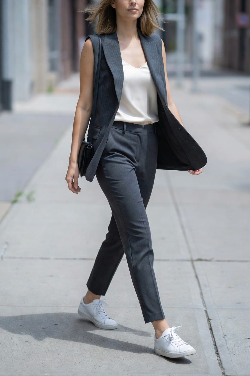 Woman in gray pinstripe vest and pants with white sneakers.