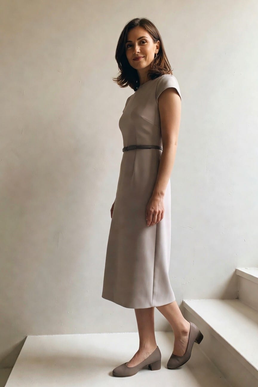 Woman in a light beige cap-sleeve dress and gray heels on stairs.