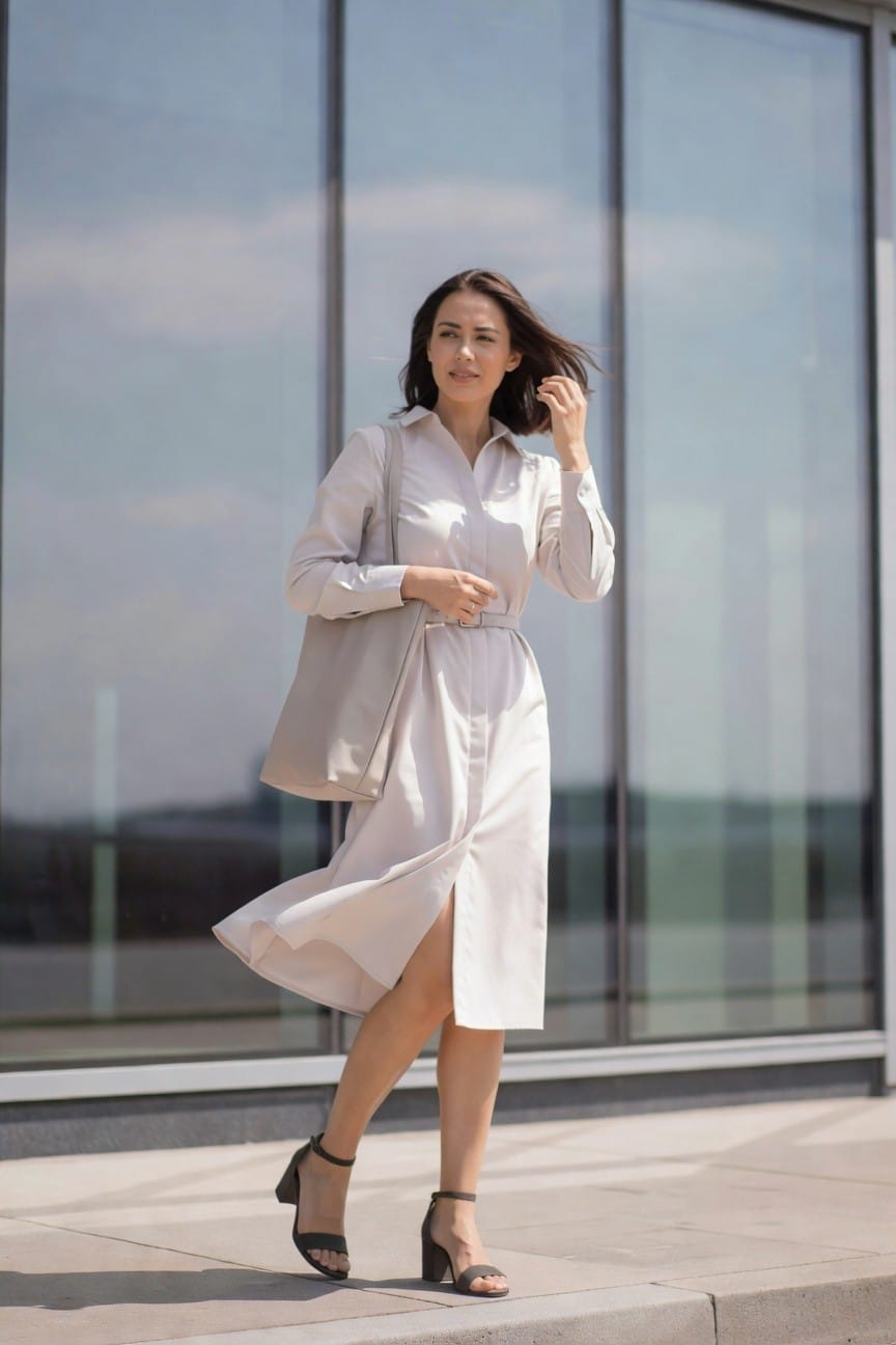 Woman in flowing beige shirt dress with tote bag, windblown hair.