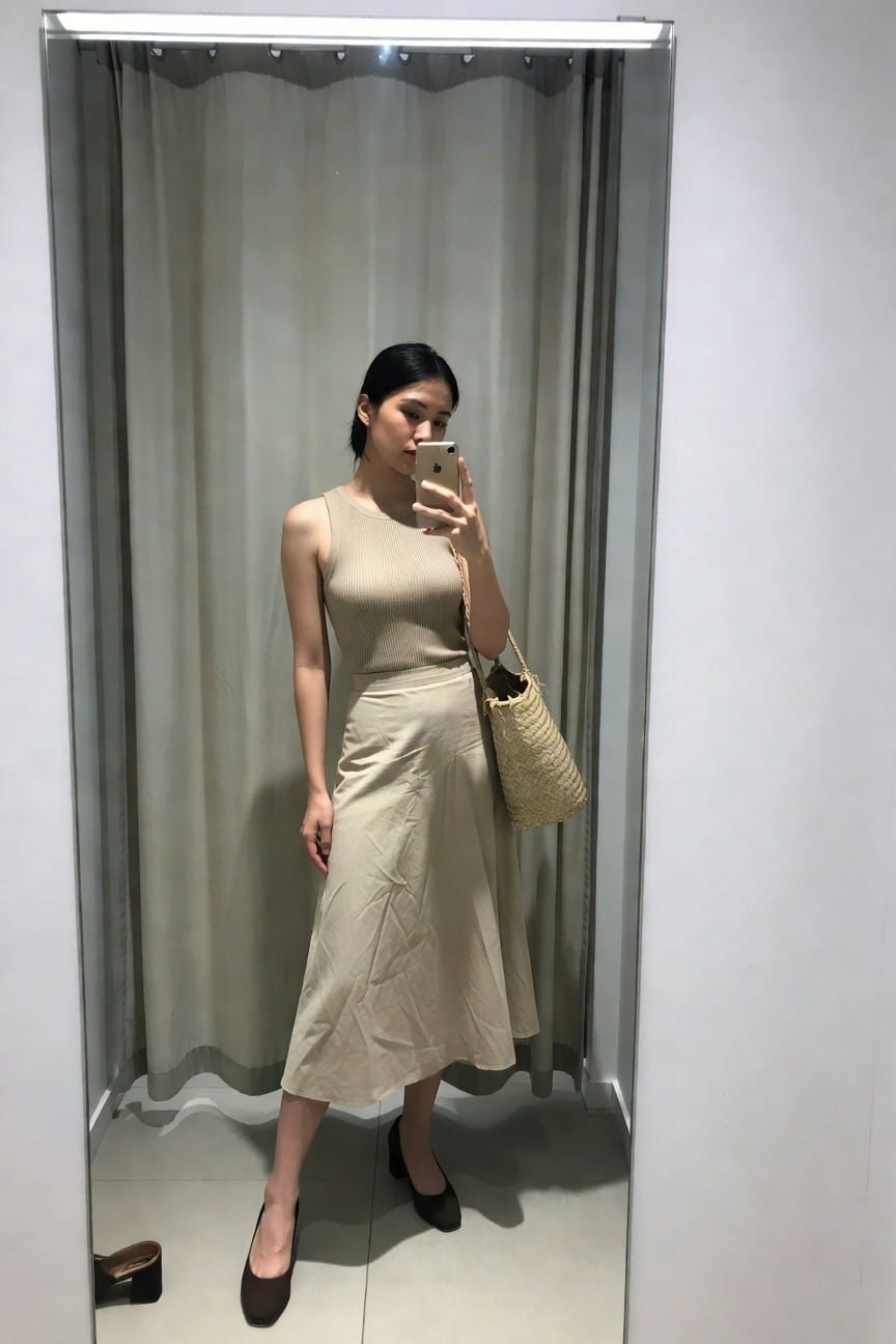 Woman in beige outfit taking mirror selfie with woven bag.