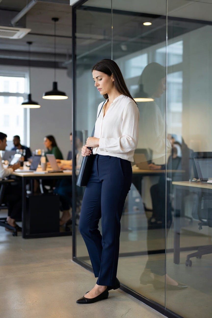 Woman wearing a cream long sleeve button up blouse tucked into navy trousers with black pointed flats and a gray crossbody bag in an office setting